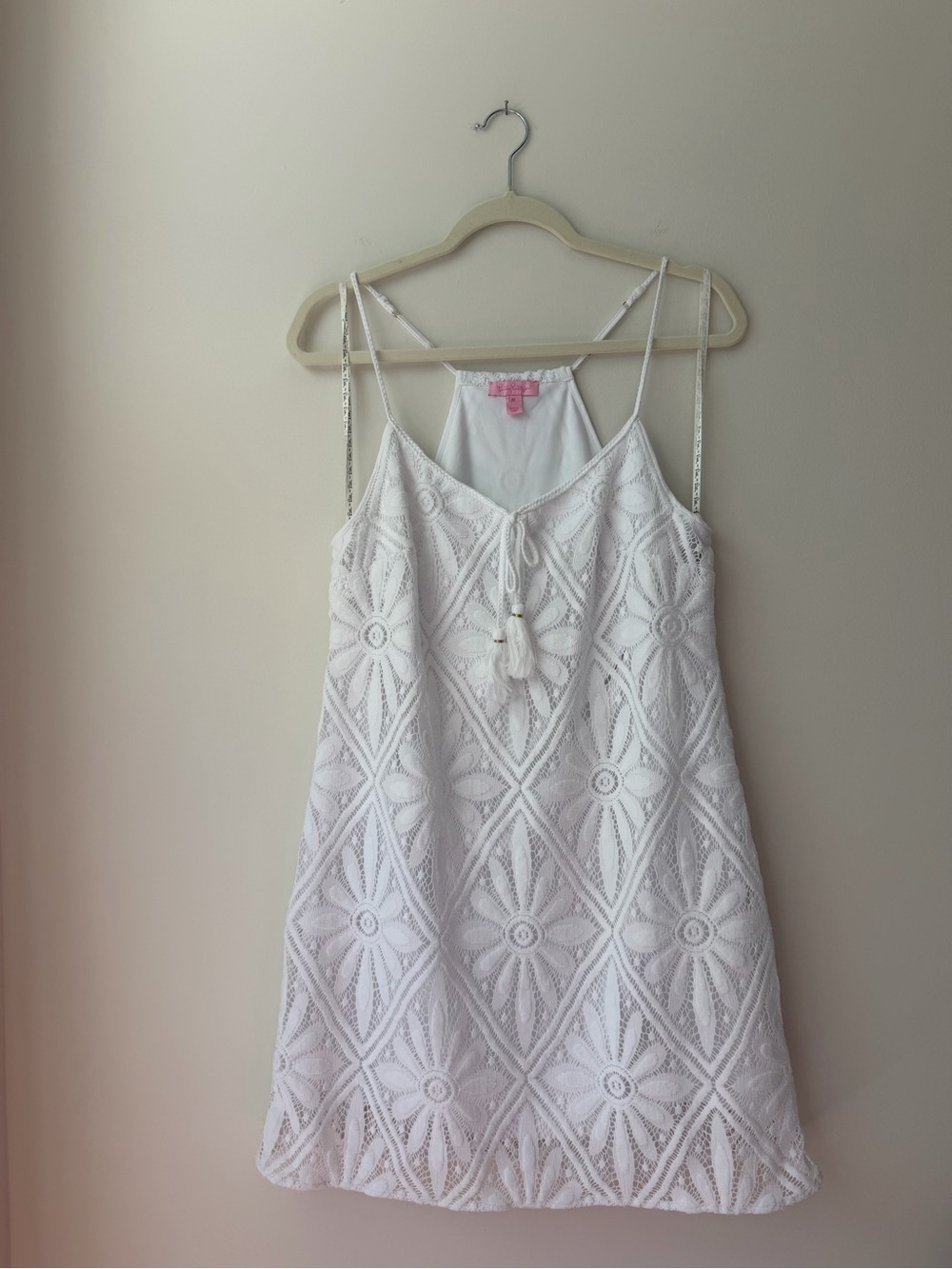 Lilly Pulitzer White Crochet Mini Dress with Tassel Tie